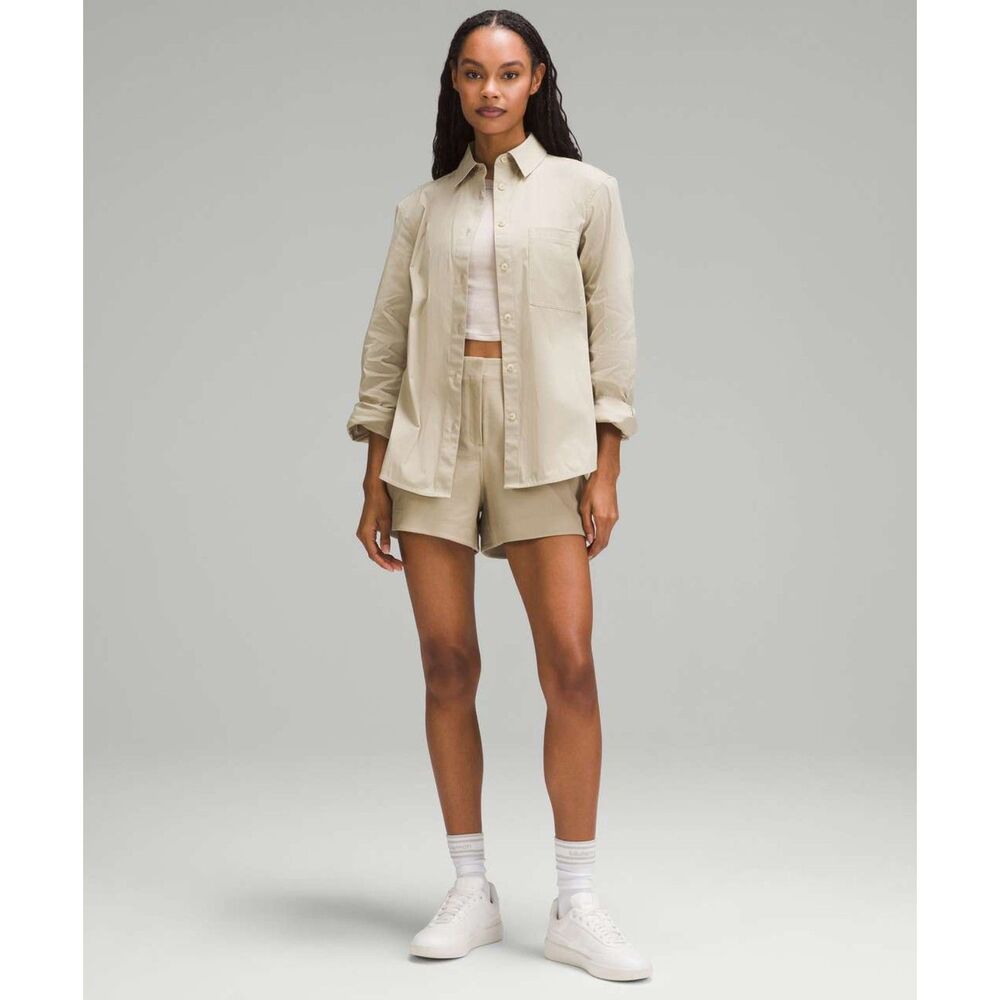 NWT Lululemon Relaxed-Fit Cotton-Blend Poplin Button-Down Tan Shirt Large